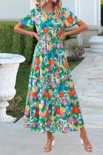 Image of PRETTYGARDEN Women's Casual Smocked Boho Floral A-Line Maxi Dress 2026 | Summer Short Flutter Sleeve Crewneck Tiered Long Sundress,Fall Wedding Guest Dresses,Spring Cute Flowy Beach Vacation Clothes