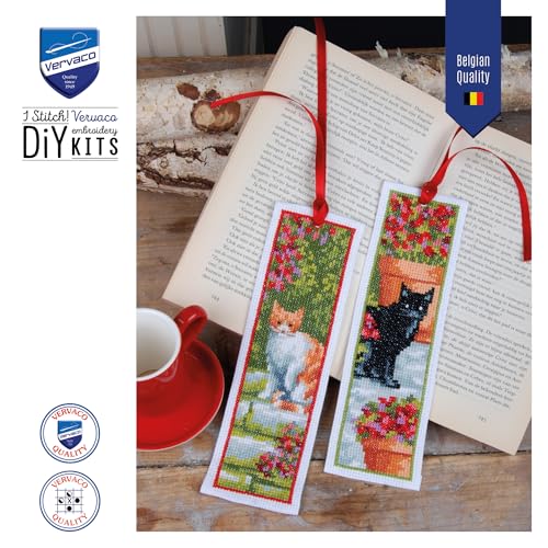 Image of Vervaco Cross Stitch Embroidery Kit for Adults, Cross Stitch Set Pre-printed with Embroidery Design on 100% Cotton Fabric, Embroidery Templates 2,4 x 8 Inches - 6 x 20 cm, Set of 2, Bookmark Kit, Cats