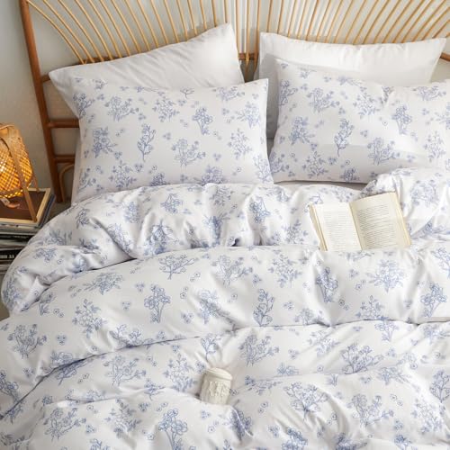 Image of Nayoroom Blue Floral Duvet Cover Full Size Cottagecore Flower Leaf Spring Comforter Cover 3 Pcs Soft Breathable Microfiber Pastoral Aesthetic Bedding Set with Zipper Closure