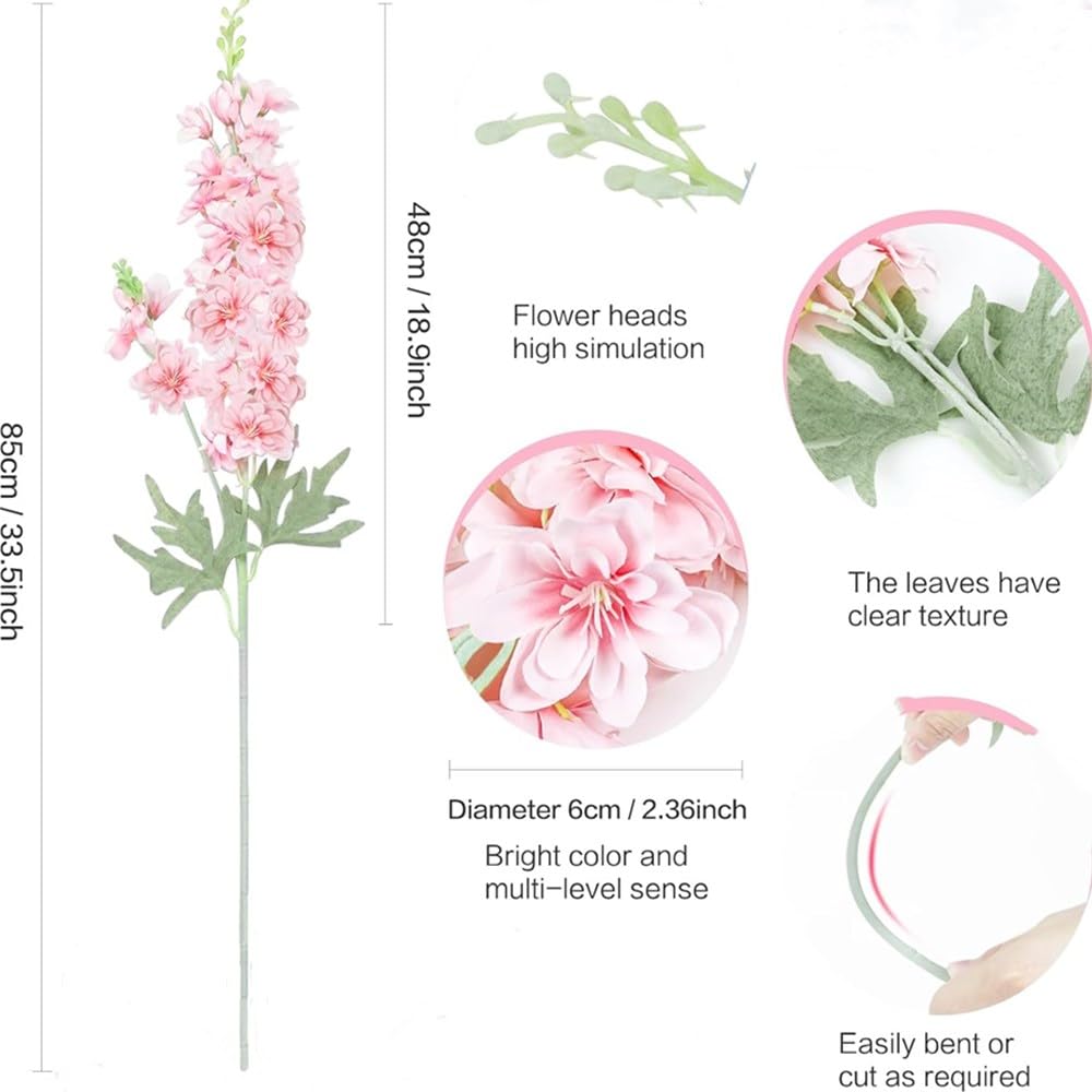 OUKEYI 33.5in 6pcs Fake Flowers Delphinium Artificial Flowers Silk Flowers Larkspur Artificial Flowers Long Stem Flowers for Tall Vase Home Wedding Party Decor (Pink) - Image 4
