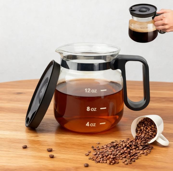 16 Oz Glass Coffee Mug That Looks like a Coffee Pot Style Shape, Mini Heatproof Large Capacity Clear Cup with Travel Lid for Hot Teas, Hot Chocolate, Office Desk Gift