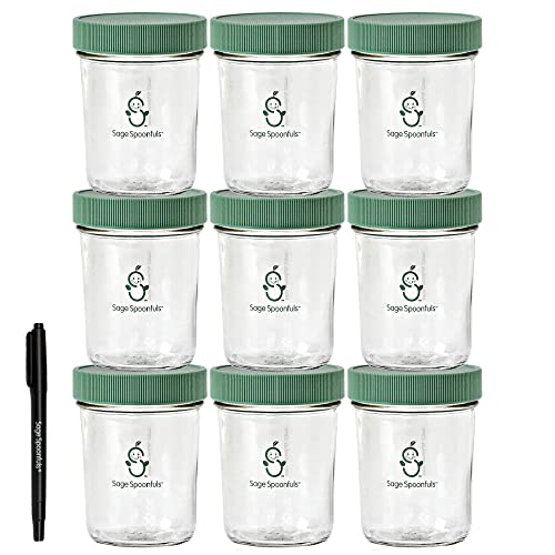 Image of Sage Spoonfuls Glass Baby Food Containers with Lids - 9 Pack, 8 oz Glass Baby Food Jars, Freezer Storage, Durable & Leakproof, Reusable Glass Baby Food Containers, Microwave & Dishwasher Friendly