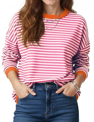 Image of Buauty Womens Long Sleeve Crewneck Knitted Striped Sweaters Casual Color Block Drop Shoulder Pullover 2025 Trendy Tops
