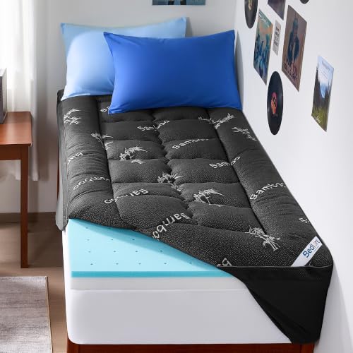 Image of BEDLORE 4 Inch Memory Foam Mattress Topper Twin XL for College Dorm Room Essentials, 2-in-1 Dual Layer Design (2 inch Gel Memory Foam + 2 inch Plush Pillow Top Cover) Mattress Topper Medium Firm(Dark Gray)