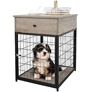IDEALHOUSE Furniture Dog Crates Style Wood Dog Kennel End Table with Drawer Dog House Indoor Use Chew Proof Casual Home Wooden Pet Crate Indoor Pet Crate Side Table Grey