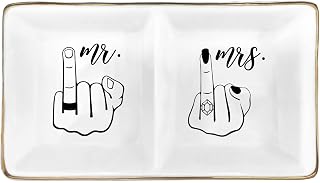 Ceramic Jewelry Tray for Wedding & Anniversary,Funny Mr and Mrs Ring Dish, Elegant Home Decor Gift for Couples, Brides, Valentines Day