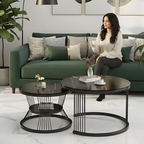 Image of Modern Nested Coffee Table Set of 2 | Round Marble Finish Tabletop with Metal Base | Luxury Center Table for Living Room, Lounge & Office (Full Black)