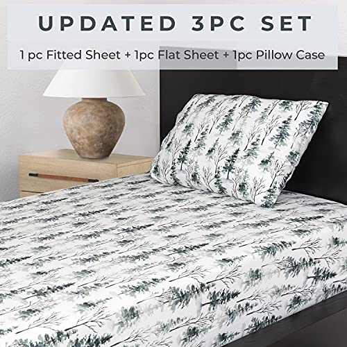 Image of Pobibaby Premium Twin Full Sheets Sets, Kids Double Bed Sheets in Cotton Blend | Ultra-Soft Woodland Camping Print with Fitted Sheet, Flat Sheet & Pillowcases (Twin Woods)