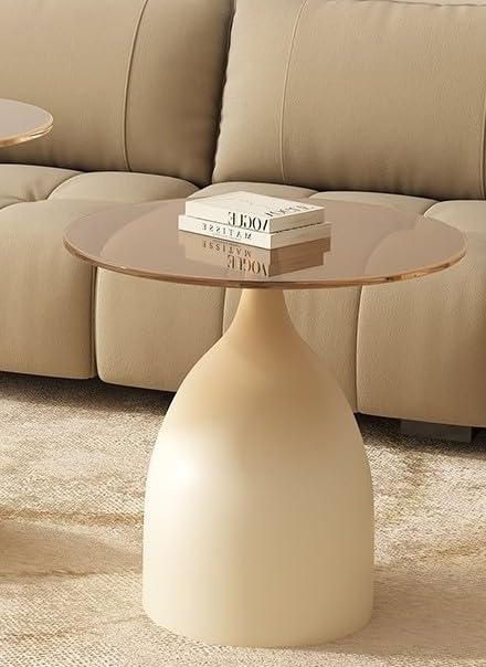 Moderna mesa auxiliar baja de cristal, parte superior de vidrio templado grueso, pedestal de acero al carbono blanco, mesa auxiliar minimalista para sofá