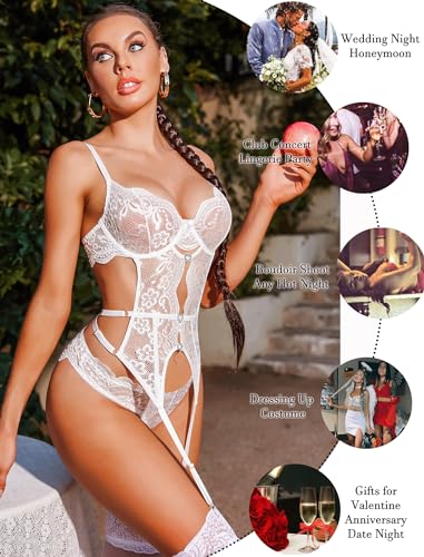Image of Avidlove Women's Underwire Lingerie Set with Garter Belt Sexy Lace Bodysuit Cut Out Rhinestone Teddy Lingerie (No Stockings)