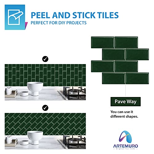 Artemuro 10-Sheets Green Peel And Stick Backsplash Tiles Subway To Spark Up Your Walls - Self Adhesive 3D Mosaics For Kitchen, Bathroom & Vanity - Waterproof Wall Panels (12X10") #TOP7
