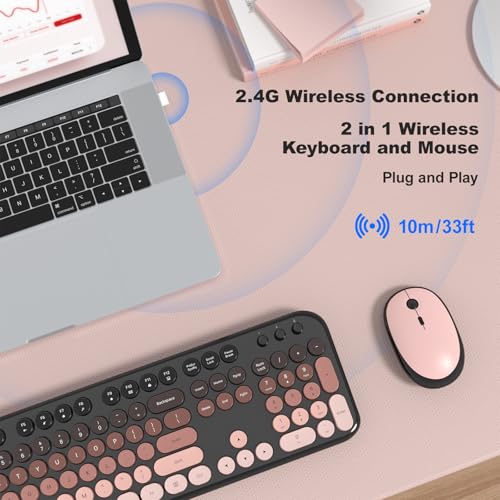 Image of Wireless Keyboard Mouse Combo - Lovely BlackBerry-Gradient Rainbow Full-Sized Typewriter Colorful Keyboards, Round Keycap Plug Play Retro Cute Keyboards for Windows, Laptop, PC, Desktop, Computer