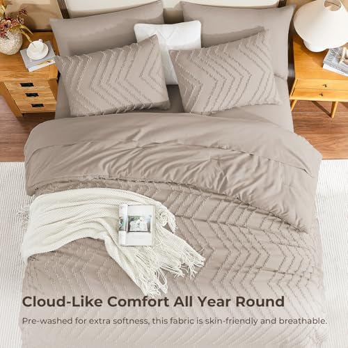 Image of Litanika Light Coffee Queen Size Comforter Set with Sheets - 7 Pieces Bed in a Bag Queen Boho Tufted Complete Bedding Sets with Comforter, Sheets, Pillowcases & Shams
