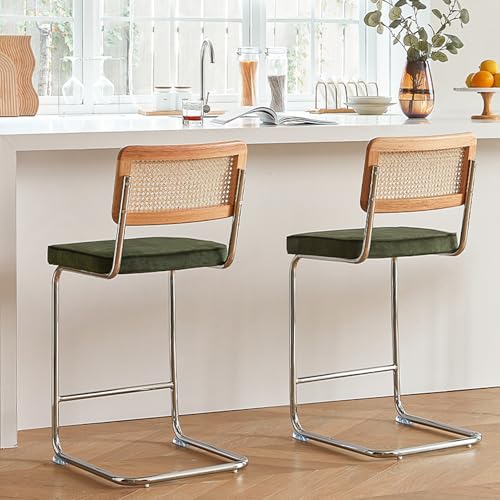 Image of GrandNoor Natural Rattan Bar Stools Set of 2 with Solid Wood Back, 24 Inch Mid Century Modern Counter Height Stools, Green Upholstery Boho Stool for Kitchen Counter with Chrome Metal Legs