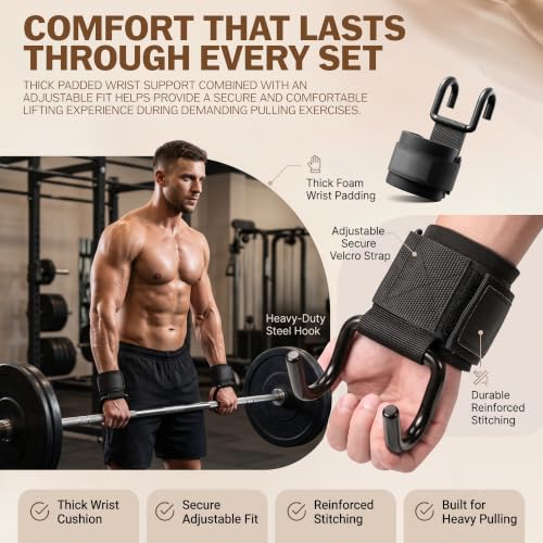 Image of 2Pcs Weight Lifting Hook Grips with Adjustable Wrist Straps Heavy Duty Nylon Metal Hooks Non Slip Design for Deadlift Pull Ups Powerlifting Gym Training Wrist Support Fitness Accessories Black