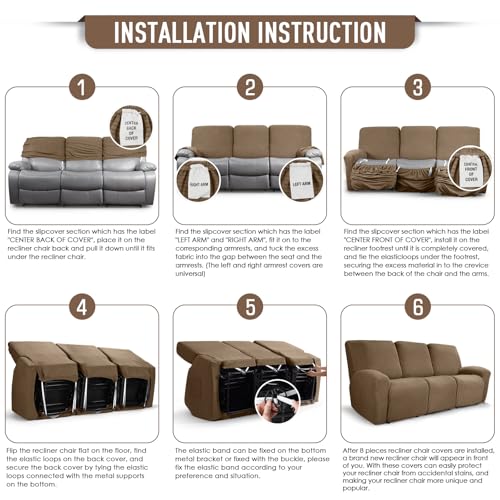 Image of TAOCOCO Recliner Sofa Covers 8-Pieces Stretch Large Couch Covers for 3 Seats Reclining Slipcovers Soft Jacquard Pattern Furniture Protector (Khaki)