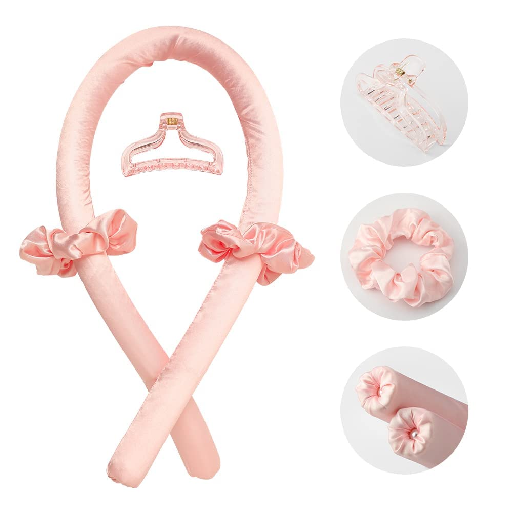 AADCART Heatless Curling Rod Headband No Heat Silk Ribbon Curling Rod Hair Roller Curls with Hair Claw Clip Lazy Natural Soft Wave DIY Hair Rollers Styling Tool for Sleep in Overnight (Pink) 2