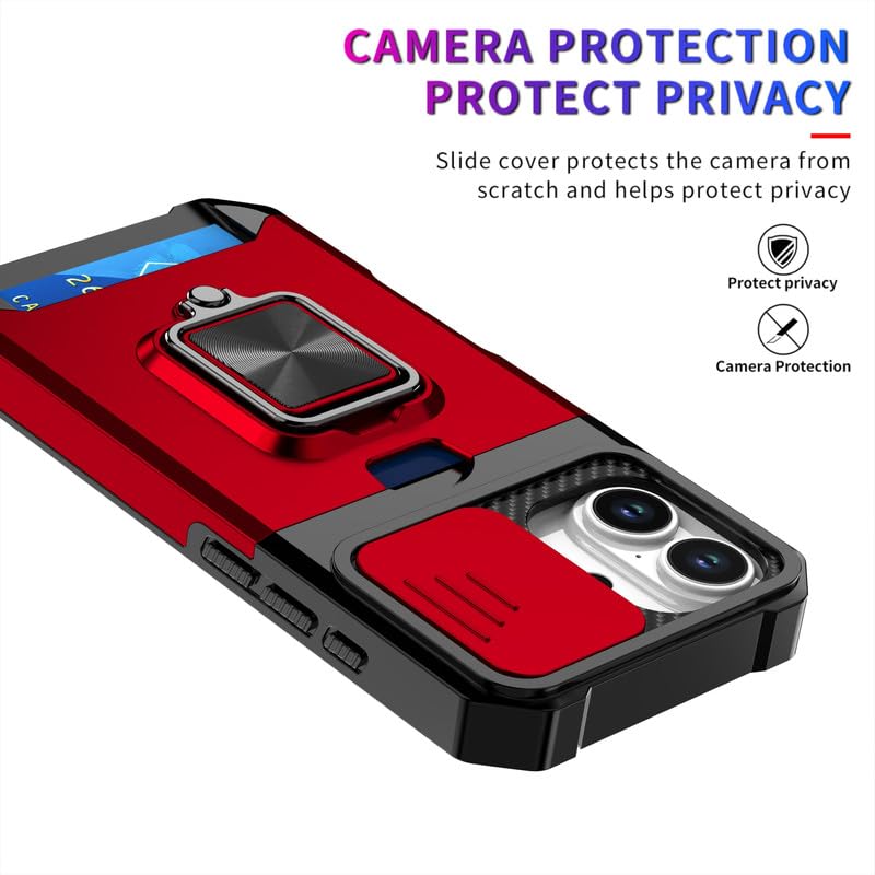 Image of LuxuryKase Shockproof Armor Case for iPhone 17 | Slide Camera Cover | Hidden Card Slot | Rotating Ring Kickstand | Magnetic Car Mount Support | Military Grade Protection - Red
