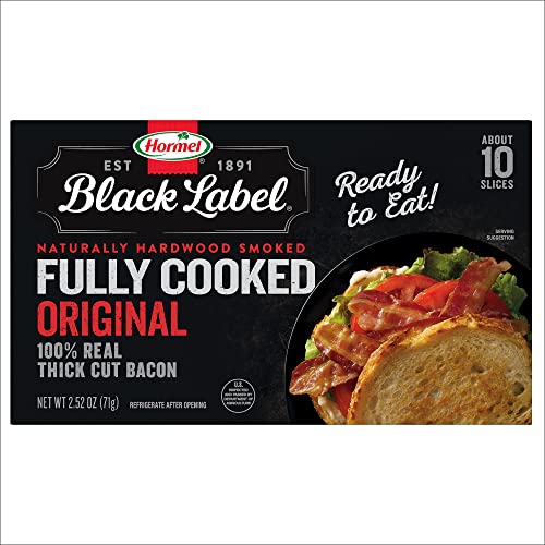 Image of HORMEL BLACK LABEL Thick Cut, Fully Cooked Bacon for Ready to Eat Meals, No Refrigeration Needed, Gluten-Free, 2.52 oz Cooked (Pack of 3)
