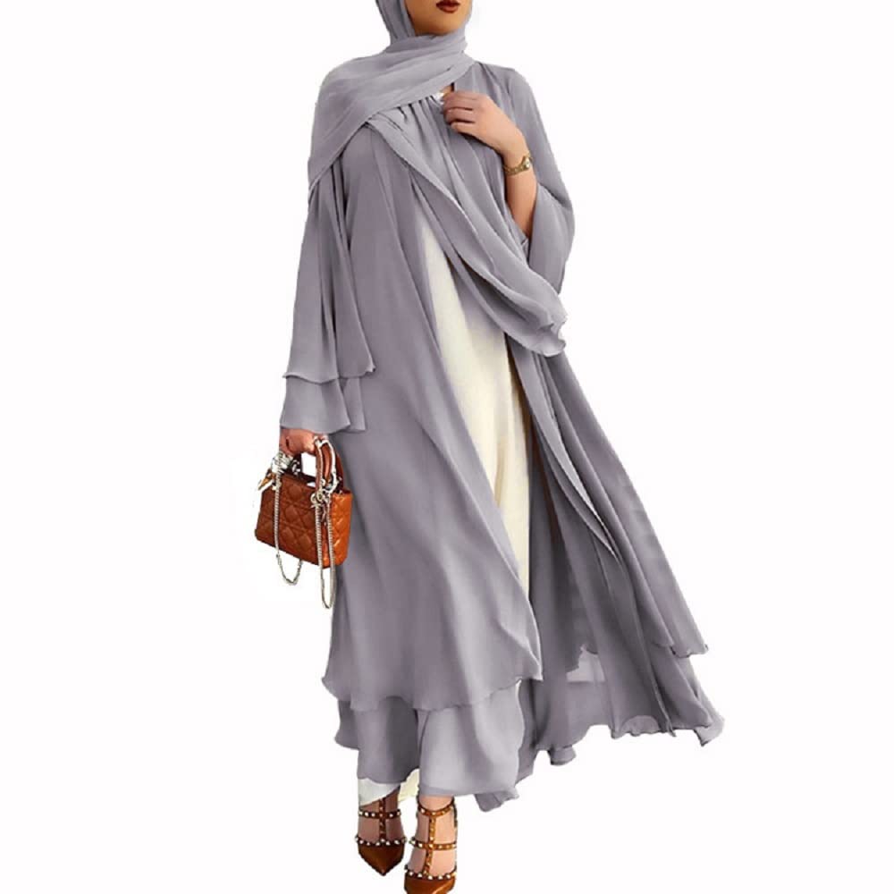 Ruig Women's Grey Without Hijab Muslim Prayer Chiffon Open Dress Abaya Dubai Turkey Islam Kaftan Islamic Ramadan Eid Mubarak Robe Without Hijab