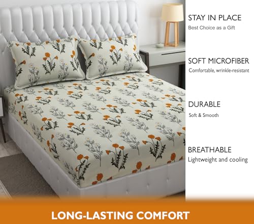 Image of FRESH FROM LOOM King Size Microfiber Bedsheet with Floral Print - 240 TC, Hypoallergenic, Includes 2 Pillow Covers (90 x 95 inch| Vanilla, Floral Design),Multicolor