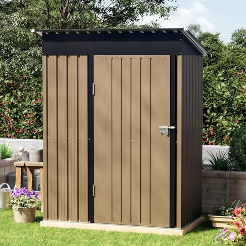 Image of 3x5 FT Outdoor Metal Storage Shed with Floor Frame, Single Door, 1 Clear Window, Tool Shed for Garden, Patio, Backyard Brown