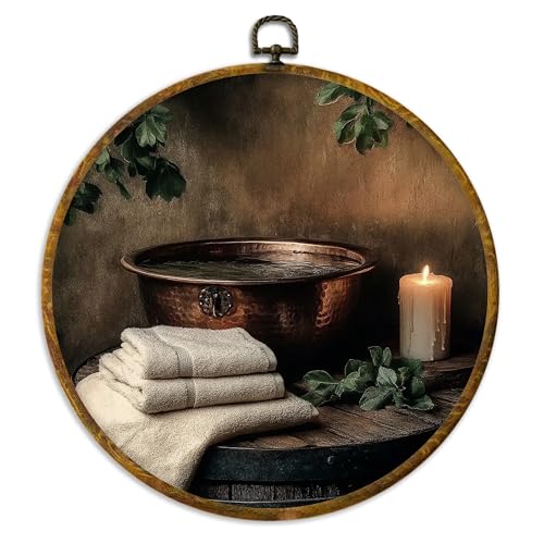 XPH Vintage Rustic Bathroom Round Wall Art Framed, Antique Copper Botanical Basin Circle Wall Decor, Country Farmhouse Hanging Canvas Prints for Home Washroom Restroom Bathroom Decoration, 10x10 Inch