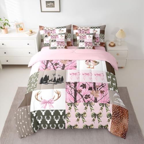 Listado de Ropa de Caza para Niña Top 10. 50 Feelyou Juego de ropa de cama de caza para niñas, tamaño matrimonial, juego de edredón de camuflaje con sábanas para niños y adolescentes, decoración de lazo rosa, cama...