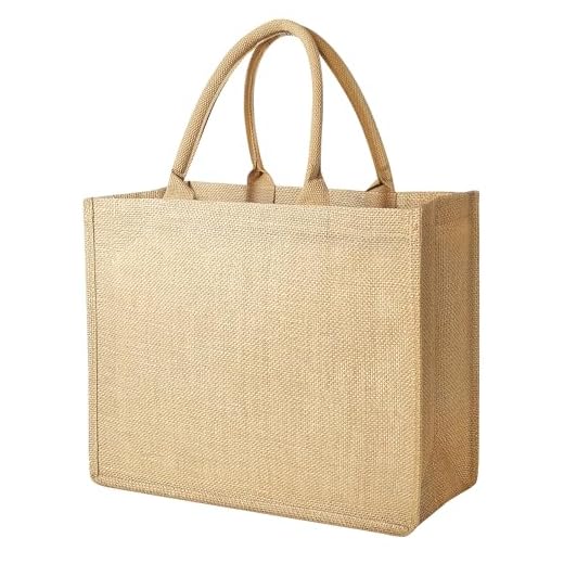 DGDFLDGC 1 Pack Burlap Bags, Jute Tote Bags with Laminated Interior Soft Handles, Reusable Grocery Shopping Gift for Wedding Bridesmaid, Blank Embroidery DIY 15.4''x11.8''x5.9'', Brown