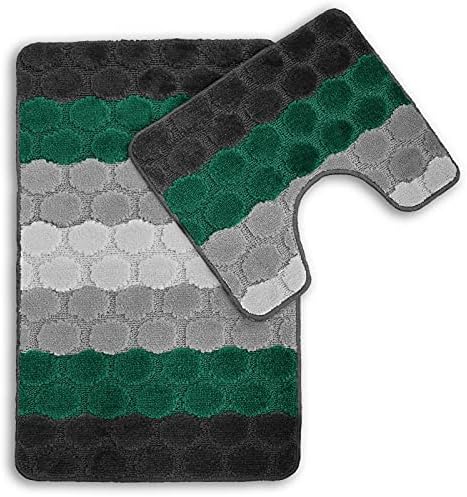 Sara Textile Non Slip 2 Piece Bath Mat Pedestal Mat HEX STRIPE Colours OCHRE (Emerald)