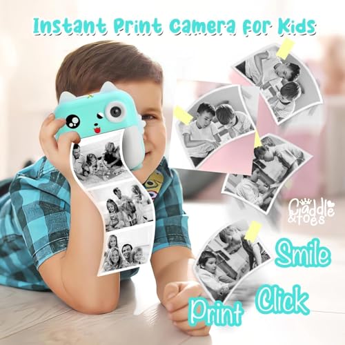 Image of CADDLE & TOES Instant Print Camera for Kids - 1080P HD, 48MP, Bluetooth, Free App, 3 Rolls Print Paper, Stickers, Fun Filters, Gift for Kids (Blue)