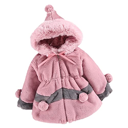 Kids Girls Fleece Hooded Jacket Thick Fluff Long Sleeve Zipper Bowknot Cloak Coat Winter Warm Puffy Outwear