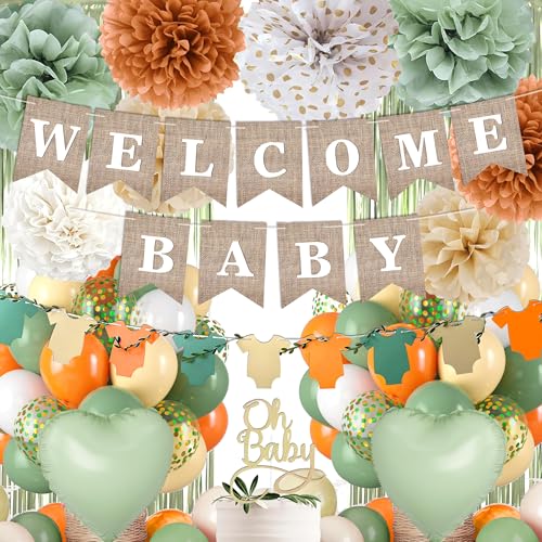 Orange Green Baby Shower Decorations-Welcome Banner Sage Green Sand...