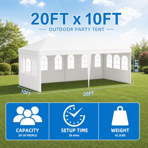 Image of 10' x 20' White Party Tent with 4 Removable Sidewalls - Outdoor Canopy Tent for Events, Backyard Wedding, BBQ, Waterproof PE Gazebo with No Center Pole