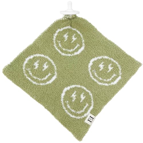Image of L+L USA Smiley Face Baby Lovey Pacifier /Teether Holder 10 inchx10 inch - DreamSoft Plush Fluffy Cuddly Soothie Reversible Mini Comfort Blanket Cute Newborn Gift Essential Babies Boys Girls (Sage Green /White)