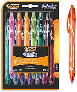 BIC Gel-ocity Quick Dry, Ultra Fast Drying Gel Ink Pens with Full Grip Barrel, Assorted Colours, Pack of 13