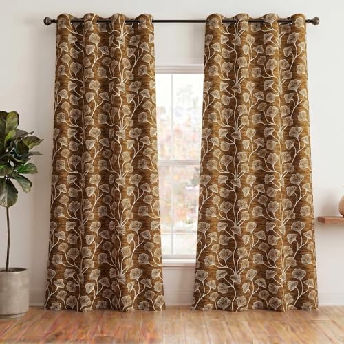 Image of Home Sizzler Ginkgo Leaf Eyelet Polyester Semi-Transparent Long Door Curtains - 9 Feet, Pack of 2, Beige