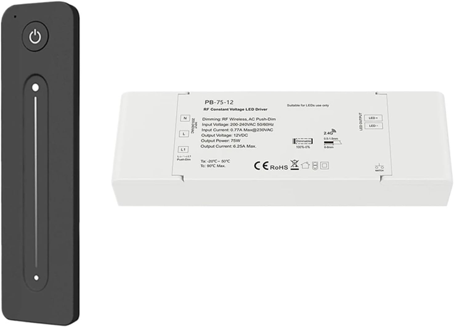 75W Dimmable LED Driver Fade Mode DC 12V 24V Constant Voltage Supply Power With AC Push Dimming RF 2.4G Remote Control(12V Dimmable Driver)