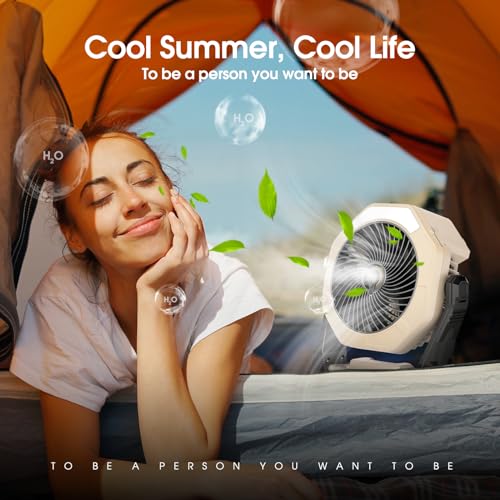 Ausic Portable Misting fan, 8-Inch Cooling Mist Fans, 10000mAh USB Rechargeable Battery Powered Fan with Mister, 250mL Water Tank & LED Lantern, for Home Desk, Bedroom, Office, Outdoor&Indoor Use