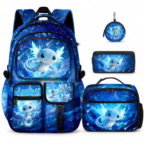 TOWIHUN Axolotl Backpack for Girls 4pcs Axolotl Girls Backpack with Lunch Box and Pencil Case for Kids Bookbag for Elementary & Middle School