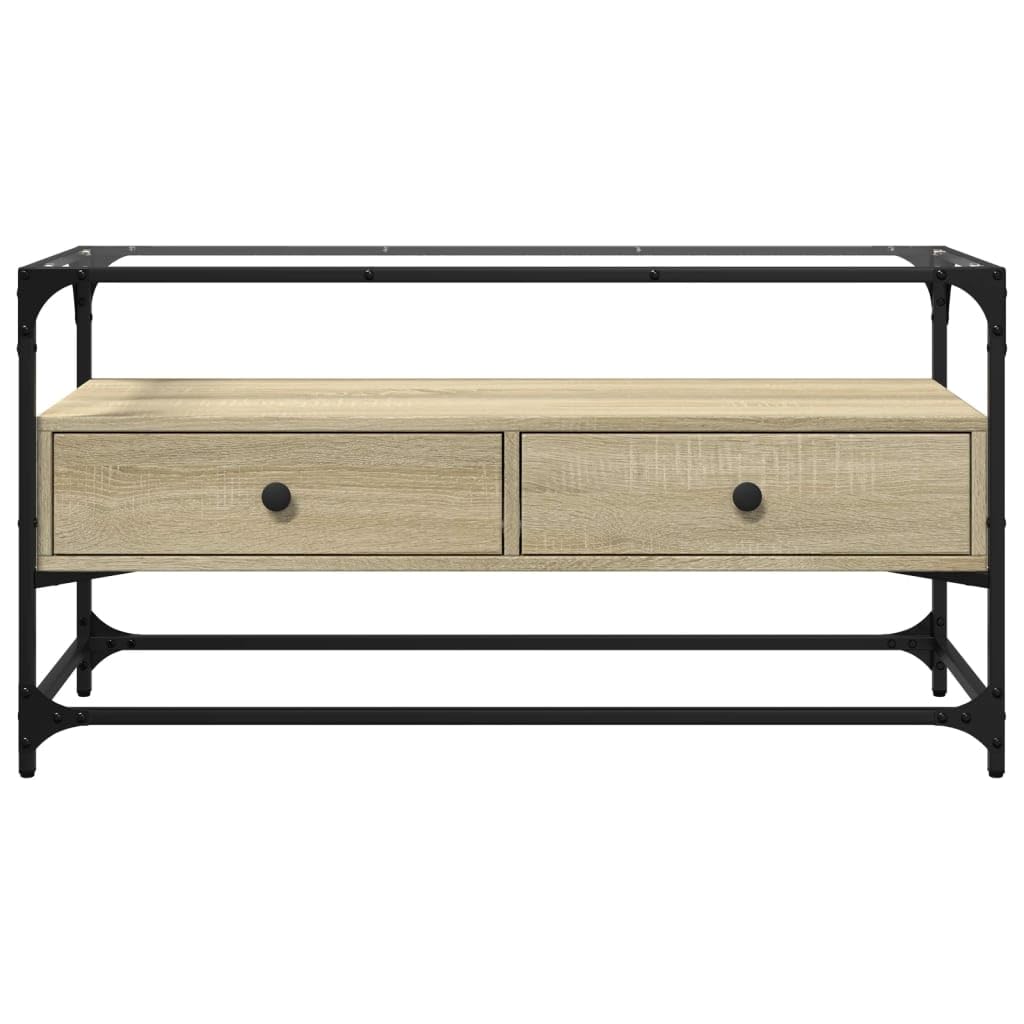 Mobile TV con ripiano in vetro, rovere Sonoma, 98 x 35 x 51 cm, in legno, con cassetti e spazio portaoggetti, moderna credenza per soggiorno, salvaspazio, con ripiano e ripiano