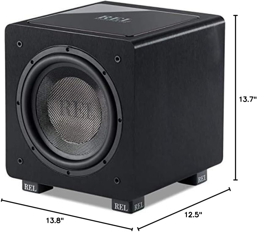 Diagram showing the dimensions of the REL Acoustics HT/1003 Subwoofer: 12.5 inches deep, 13.8 inches wide, and 13.7 inches high.