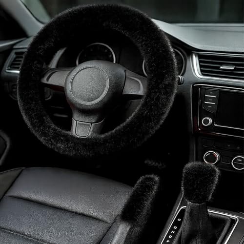 Fluffy Steering Wheel Cover 3PCS Set Plush Fuzzy Fur Steering Wheel Cover with Gear Shift Cover & Handbrake Cover Winter Warm Car Accessories Car Interior Accessories for Women (Black)
