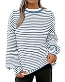 PRETTYGARDEN Women's Sweaters 2025 Puffy Long Sleeve Crewneck Soft Loose Pullover Tops Chunky Knitted Striped Sweater(Striped Blue,Medium)