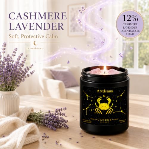 Image of Cancer Zodiac Candles with Pink Opal Crystals, Cashmere Lavender | Astrology Cancer Birthday Gifts for Women Men, Black Gift Box, 7 oz Soy Candle, 50 Hour Burn Time, Black Jar