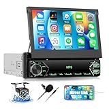 CAMECHO 7 Inch Single Din Car Stereo IPS Flip Out Touch Screen Bluetooth Car Radio with Backup Camera Head Unit Support Mirror Link, FM Radio, Type-C/USB/AUX Input, Microphone, Multimedia Player