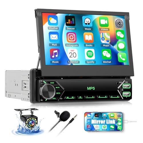 7 Inch IPS Single Din Car Stereo Support Mirror Link, Flip Out Car Radio with Backup Camera, Touchscreen Radio with Bluetooth Hands-Free FM Radio Type-C USB AUX EQ SWC Microphone Head Unit