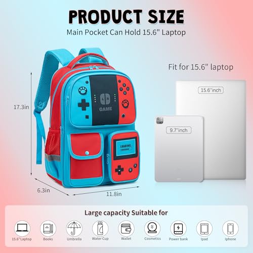 Backpack for Boys Bookbag Video Game Bookbag stylish kids travel backpack for boys 6-18, Kids Junior High School Primary School Back pack (Red-blue)2