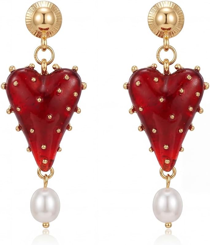 Vintage Red Heart Dangle Earrings for Women, KC Gold Plated Zinc Alloy Resin Heart Drop Earrings with Faux Pearl, Retro Elegant Statement Earrings for Wedding Party Valentine's Day Gift