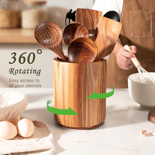 Criusia Utensil Holder 3 Pack, 360° Rotating Acacia Wood Cooking Utensil Crocks for Kitchen Counter, Farmhouse & Modern Decor, (1 Large, 1Medium, 1 Small) - Image 5